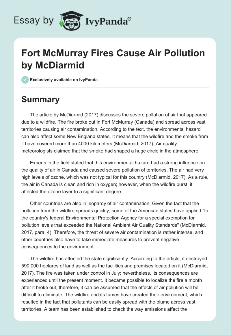 "Fort McMurray Fires Cause Air Pollution" by McDiarmid. Page 1