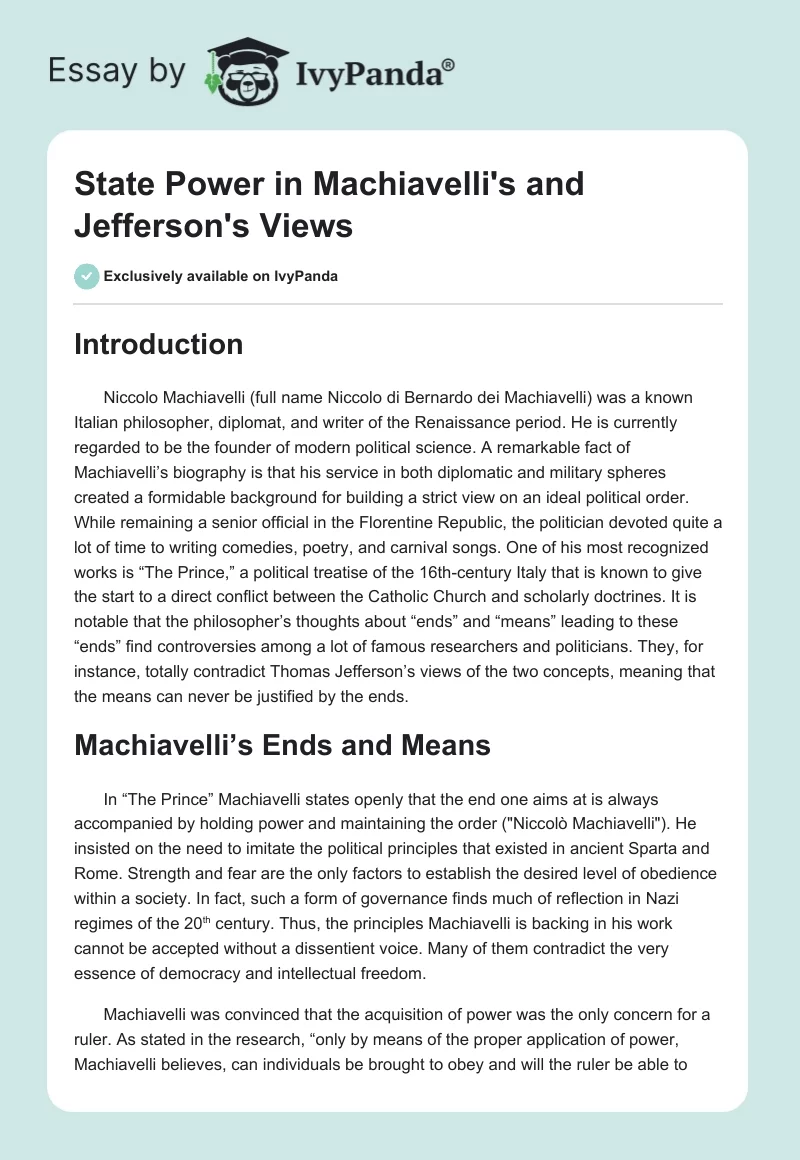 State Power in Machiavelli's and Jefferson's Views. Page 1