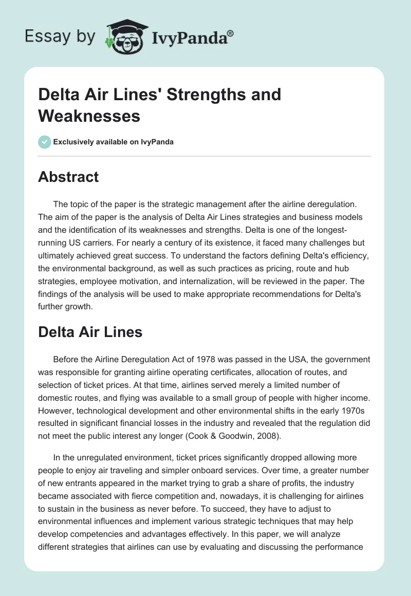 Delta Air Lines' Strengths and Weaknesses. Page 1