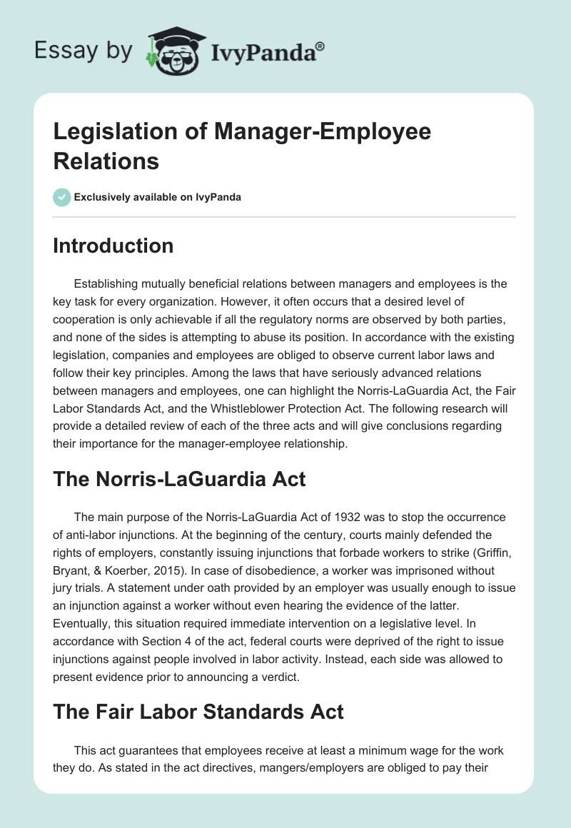 Legislation of Manager-Employee Relations. Page 1