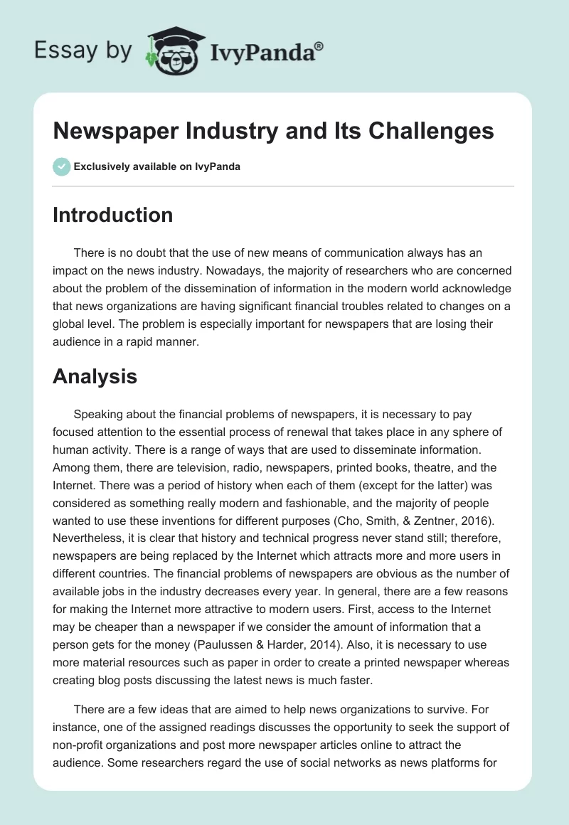 Newspaper Industry and Its Challenges. Page 1