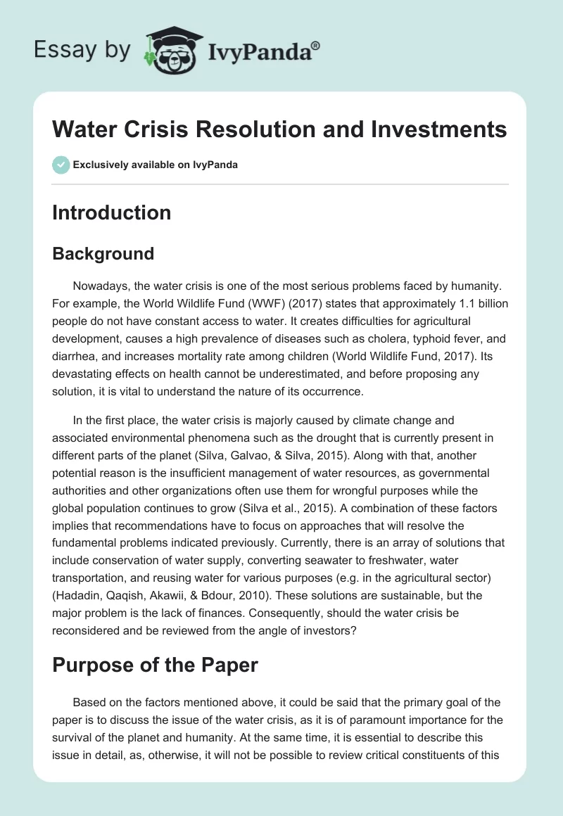 Water Crisis Resolution and Investments. Page 1