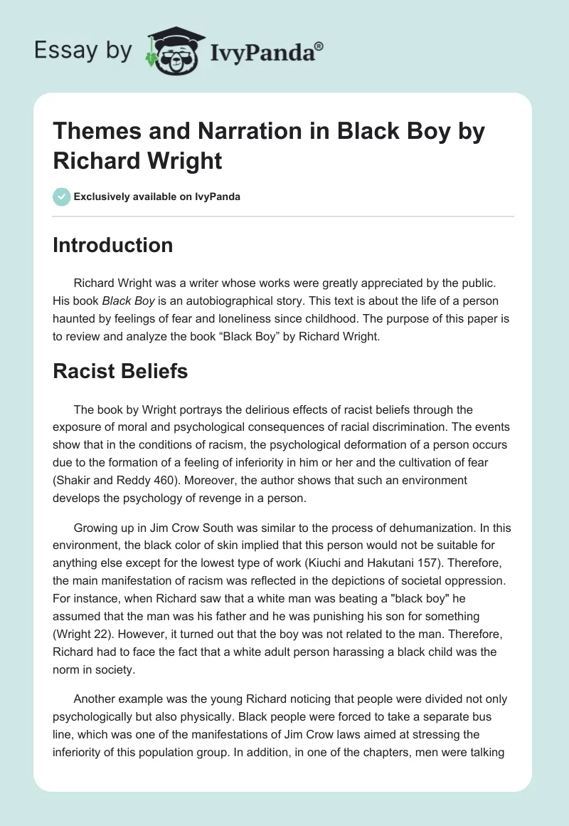 Themes and Narration in "Black Boy" by Richard Wright. Page 1