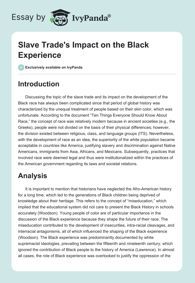 Slave Trade's Impact on the Black Experience. Page 1