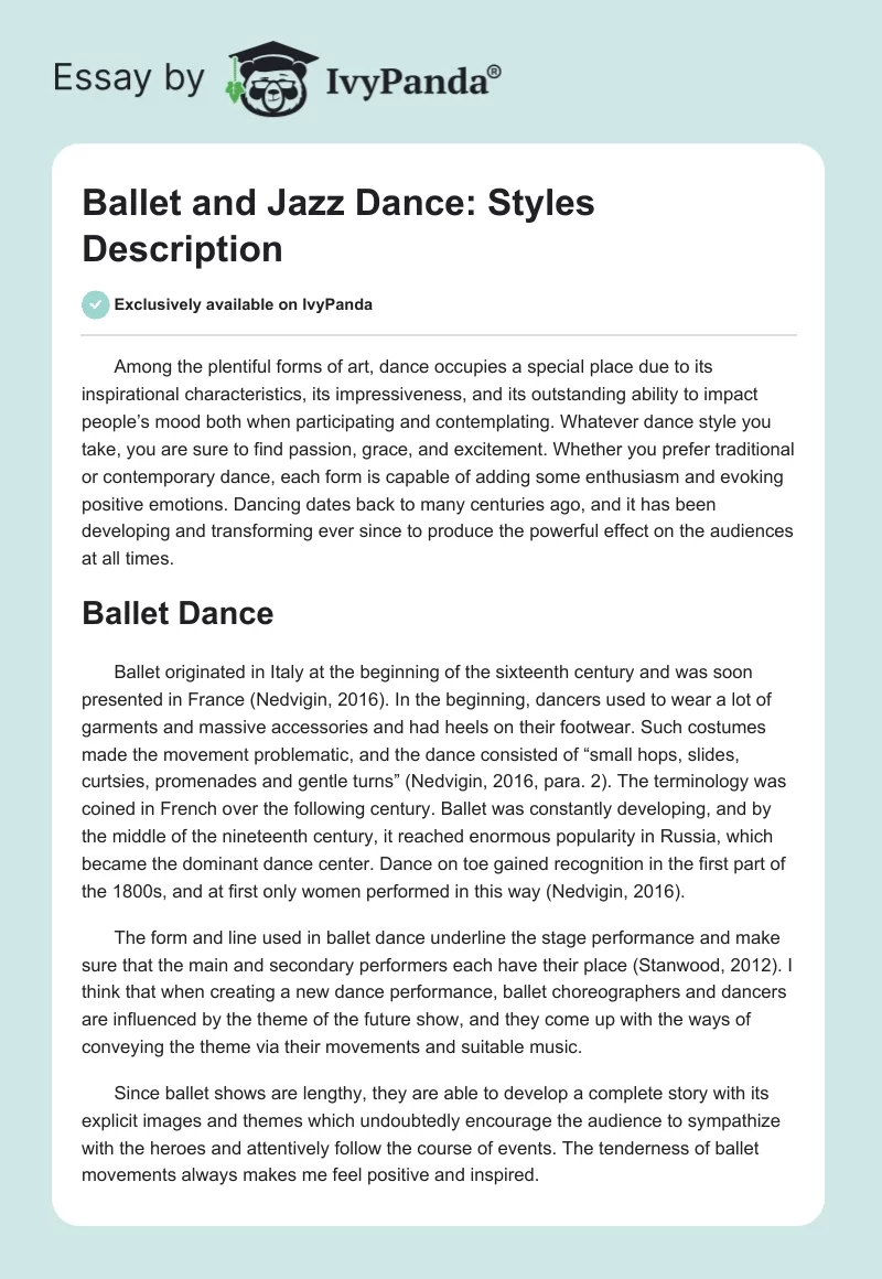 Ballet and Jazz Dance: Styles Description. Page 1