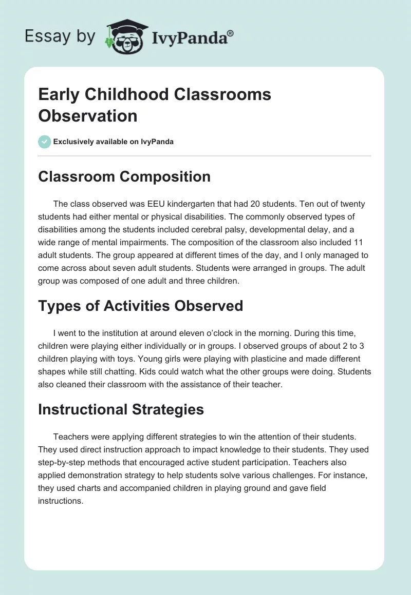 Early Childhood Classrooms Observation. Page 1