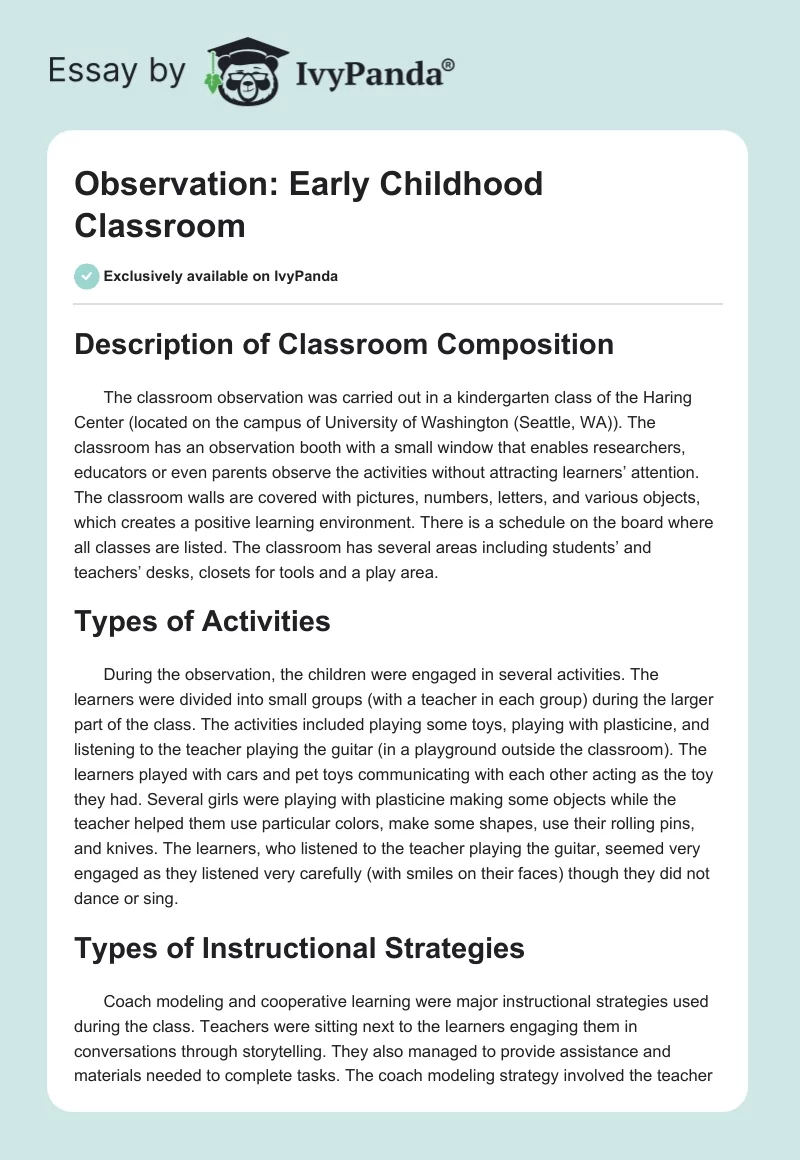 Observation: Early Childhood Classroom. Page 1