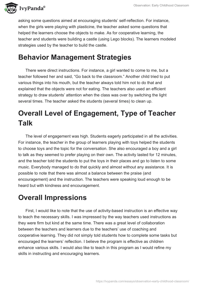 Observation: Early Childhood Classroom. Page 2