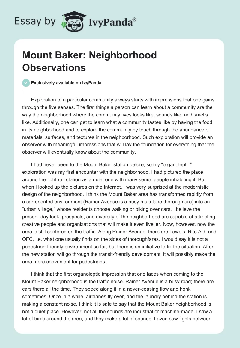 Mount Baker: Neighborhood Observations. Page 1