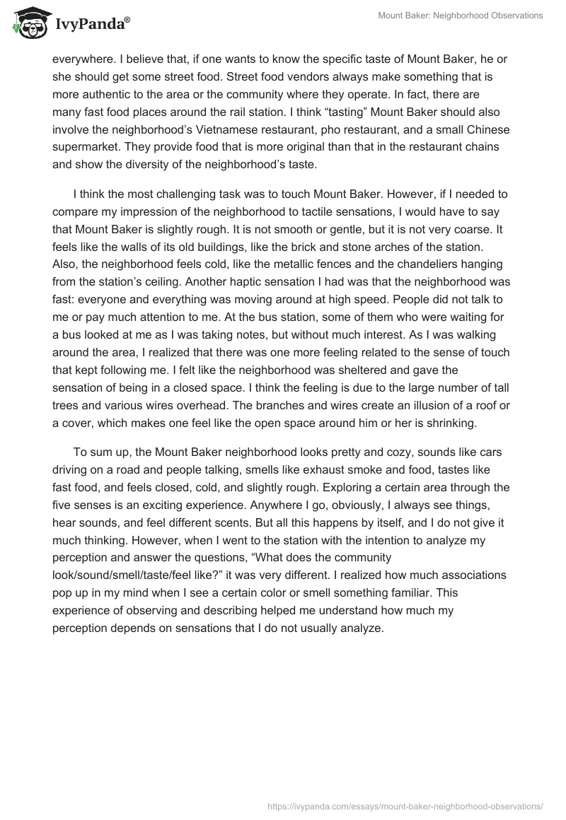 Mount Baker: Neighborhood Observations - 1393 Words | Essay Example