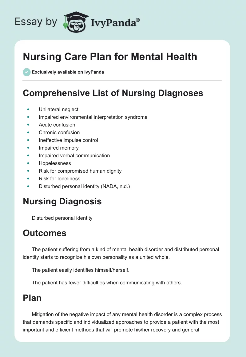 Nursing Care Plan for Mental Health. Page 1