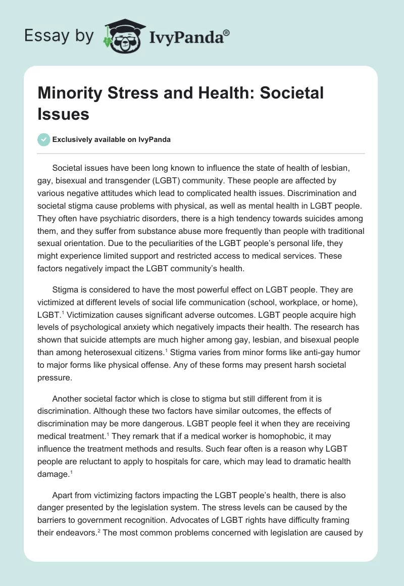 Minority Stress and Health: Societal Issues. Page 1