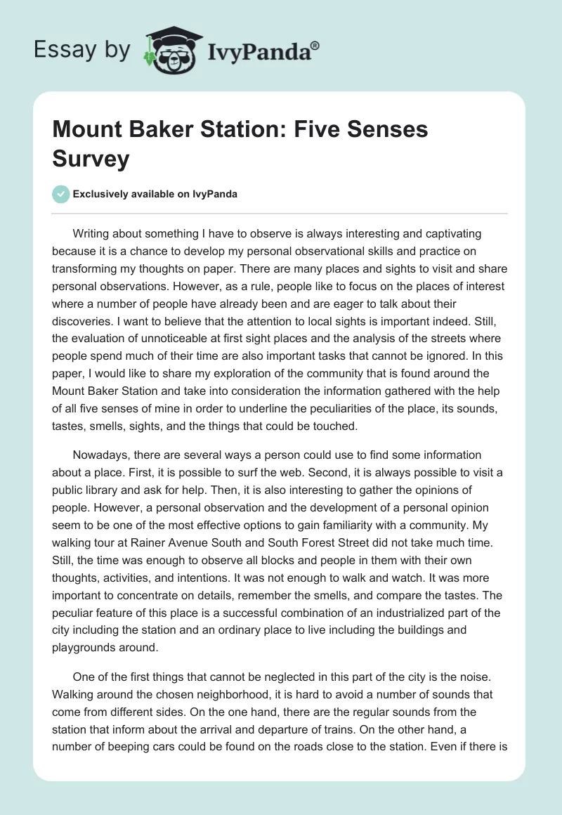 Mount Baker Station: Five Senses Survey. Page 1