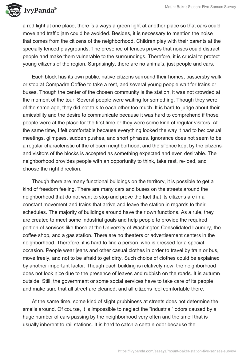Mount Baker Station: Five Senses Survey. Page 2