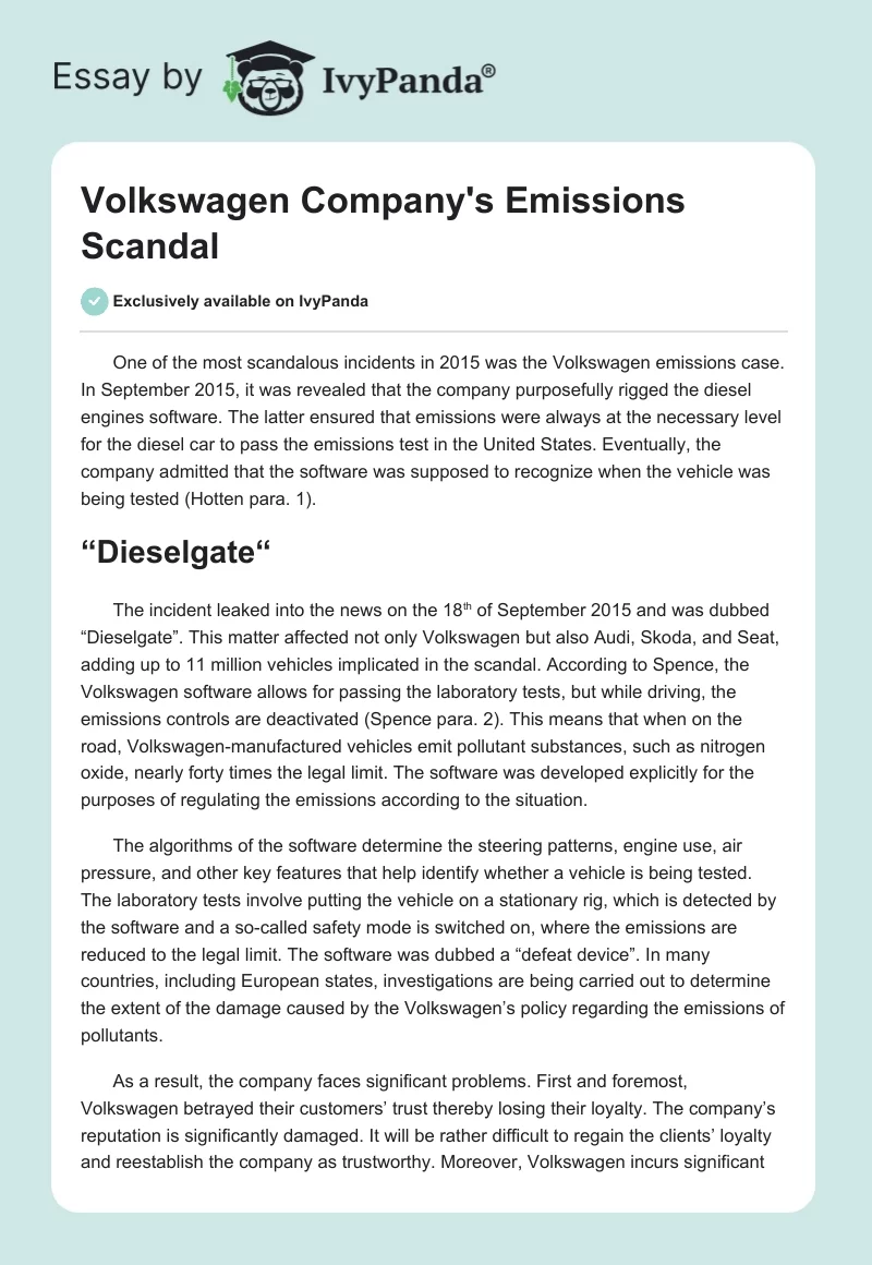 Volkswagen Company's Emissions Scandal. Page 1