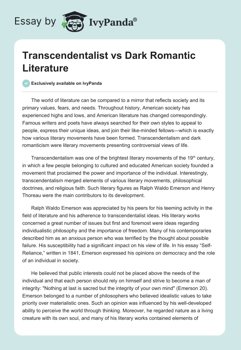 Transcendentalist vs Dark Romantic Literature. Page 1