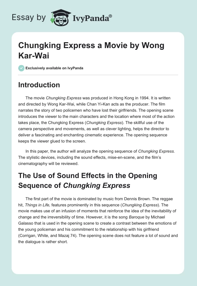 "Chungking Express" a Movie by Wong Kar-Wai. Page 1