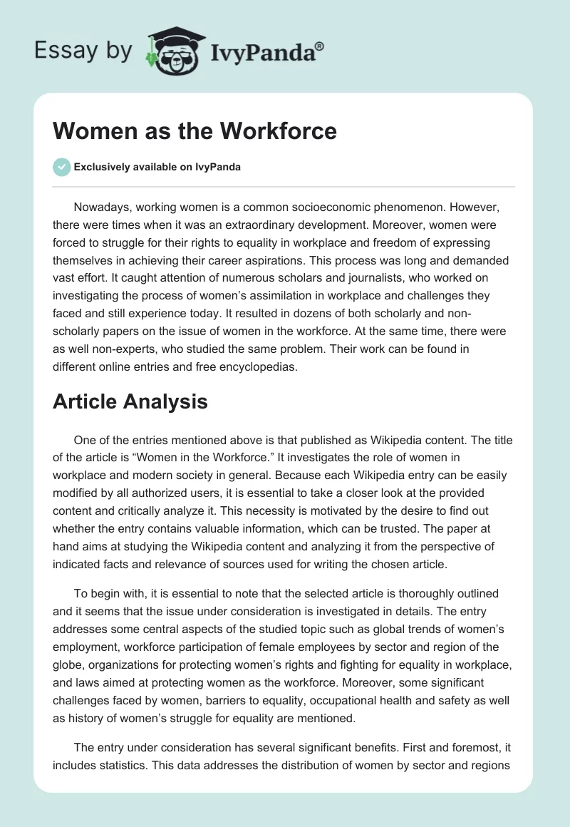 Women as the Workforce. Page 1