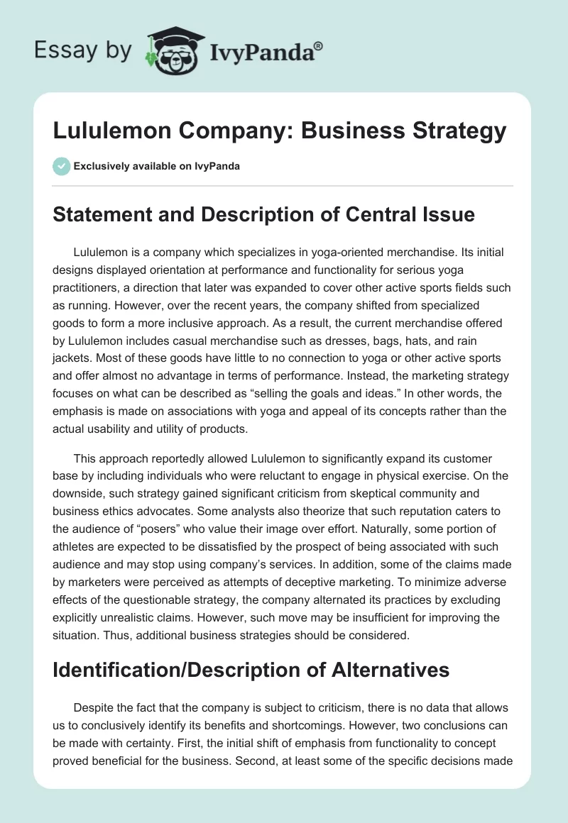 Lululemon Company: Business Strategy. Page 1
