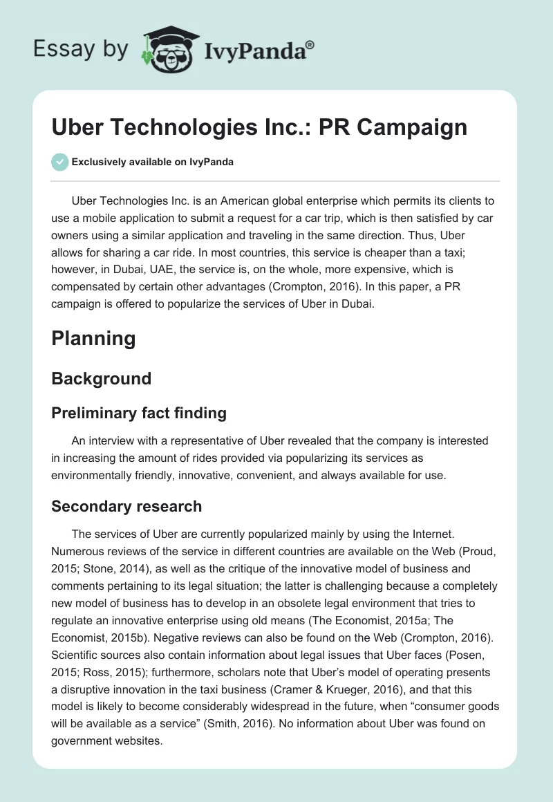 Uber Technologies Inc.: PR Campaign. Page 1