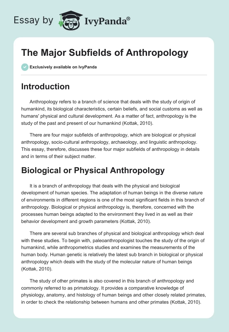 The Major Subfields of Anthropology. Page 1