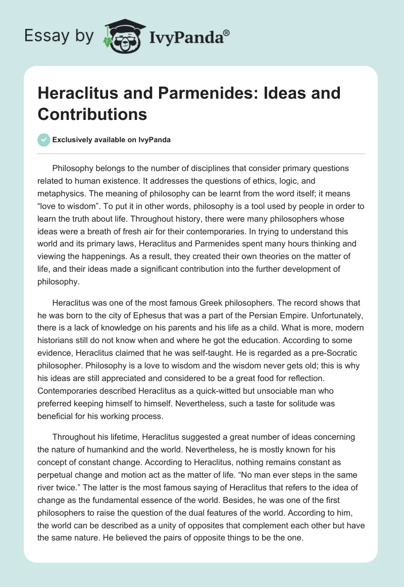 Heraclitus and Parmenides: Ideas and Contributions. Page 1