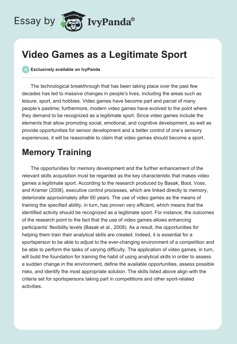 Video Games as a Legitimate Sport. Page 1