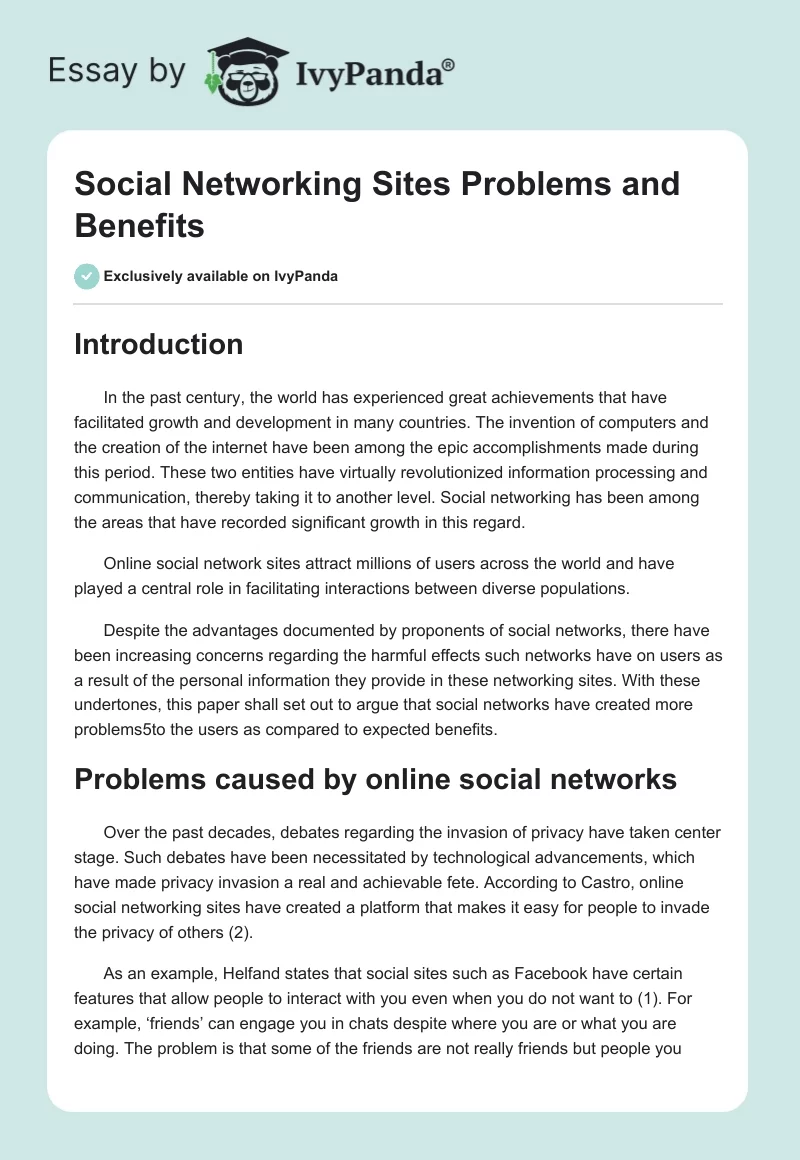 Social Networking Sites Problems and Benefits. Page 1