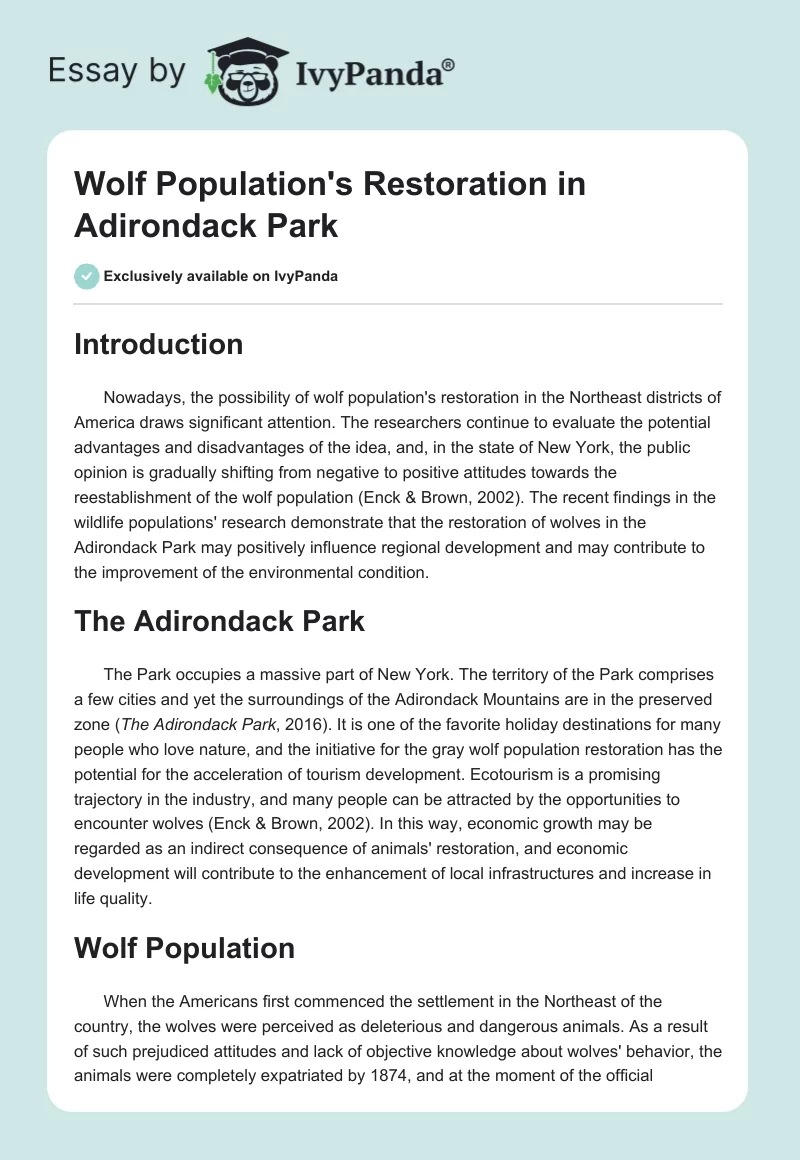 Wolf Population's Restoration in Adirondack Park. Page 1