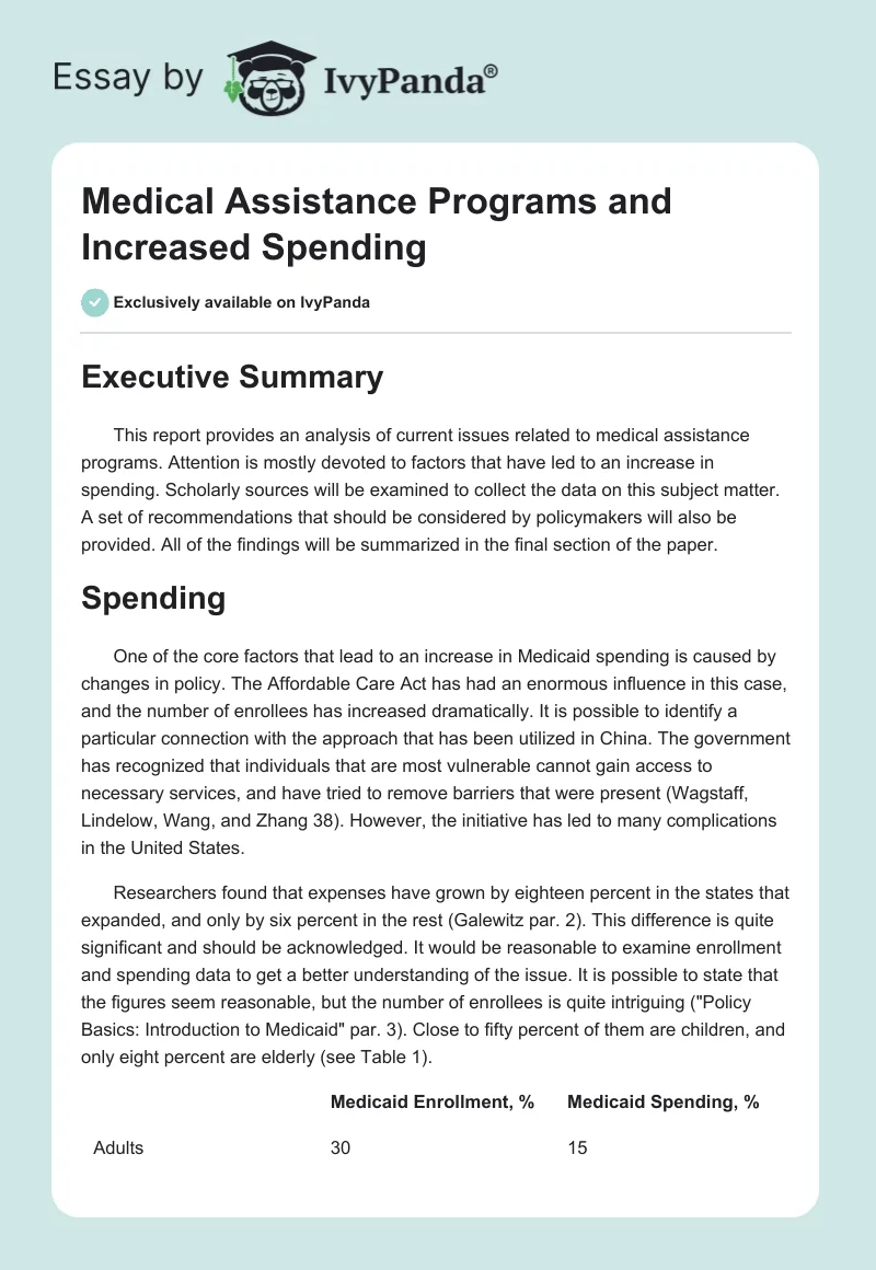 Medical Assistance Programs and Increased Spending. Page 1