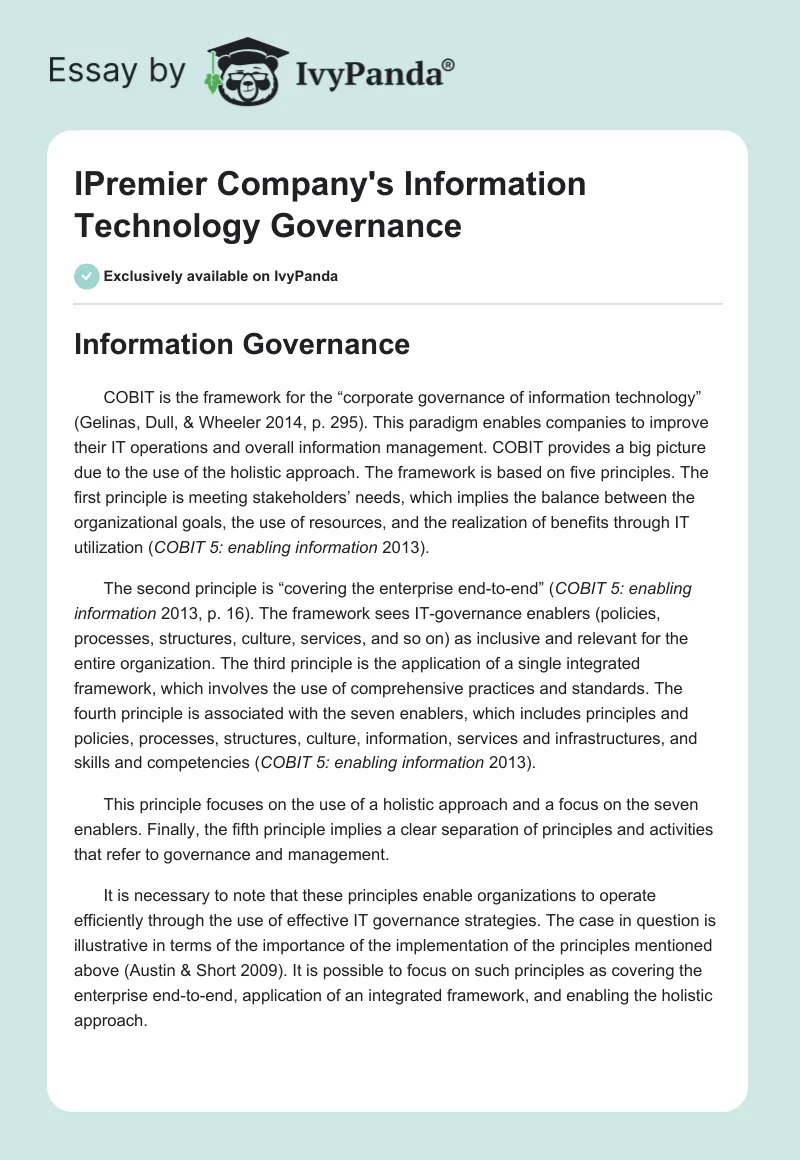 IPremier Company's Information Technology Governance. Page 1