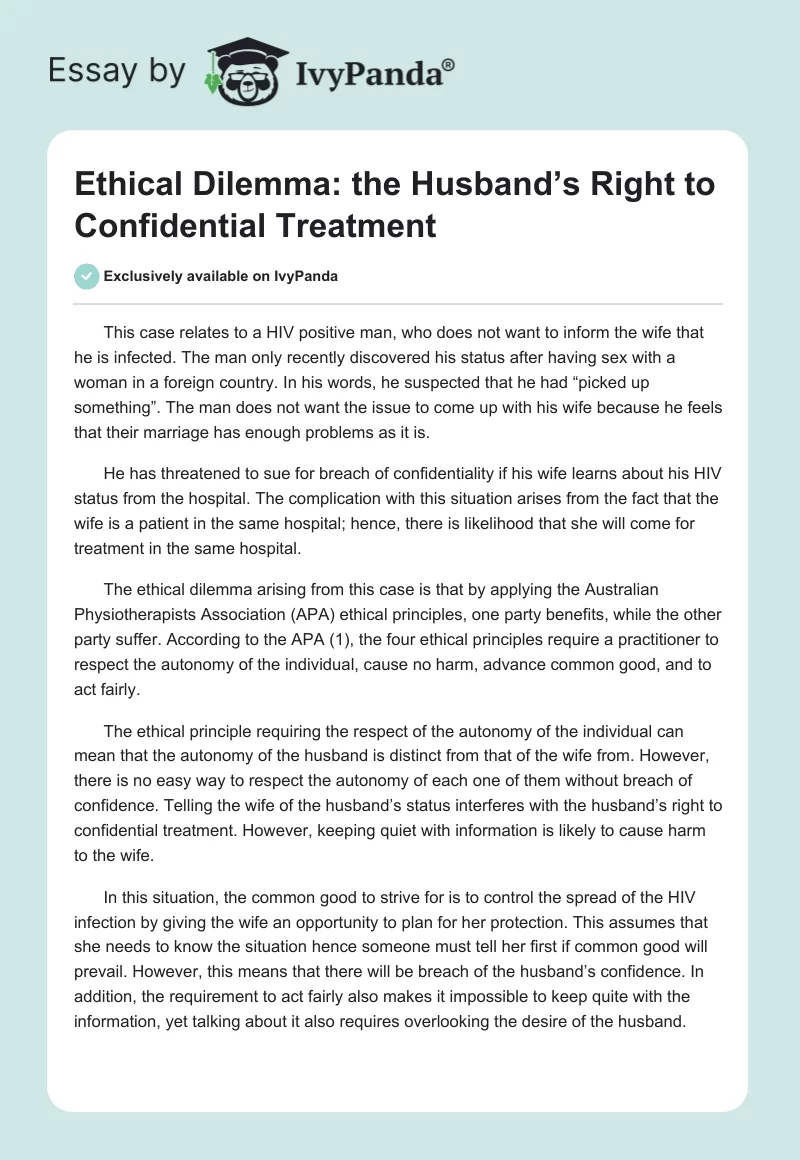 Ethical Dilemma: the Husband’s Right to Confidential Treatment. Page 1