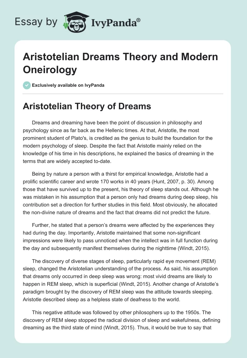 Aristotelian Dreams Theory and Modern Oneirology. Page 1