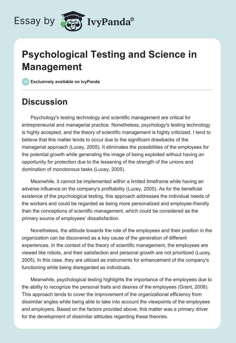 Psychological Testing and Science in Management. Page 1
