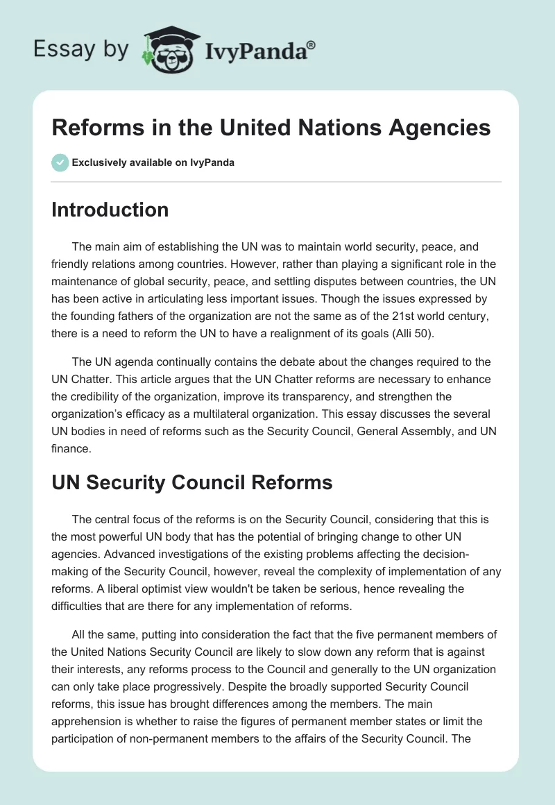 Reforms in the United Nations Agencies. Page 1