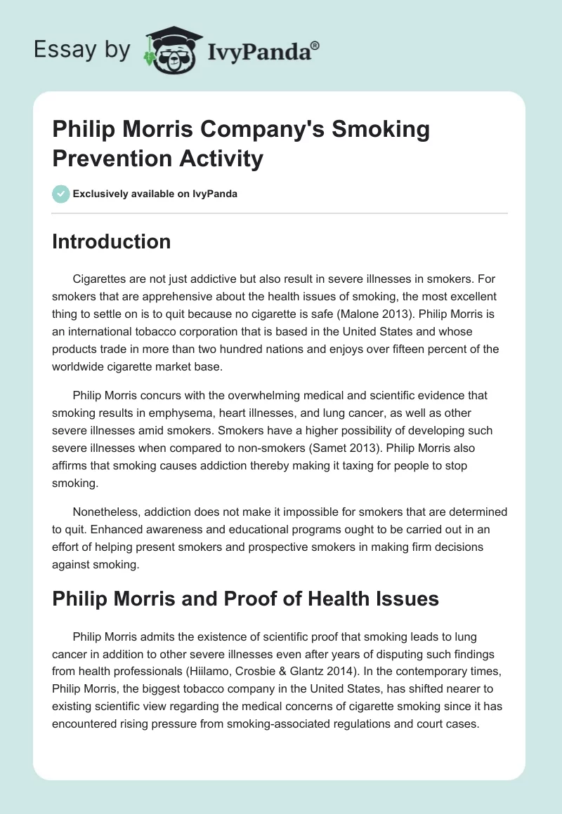 Philip Morris Company's Smoking Prevention Activity. Page 1