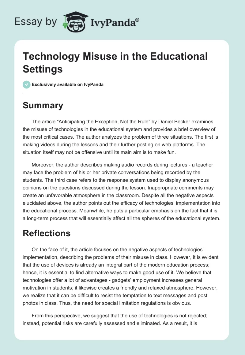 Technology Misuse in the Educational Settings. Page 1