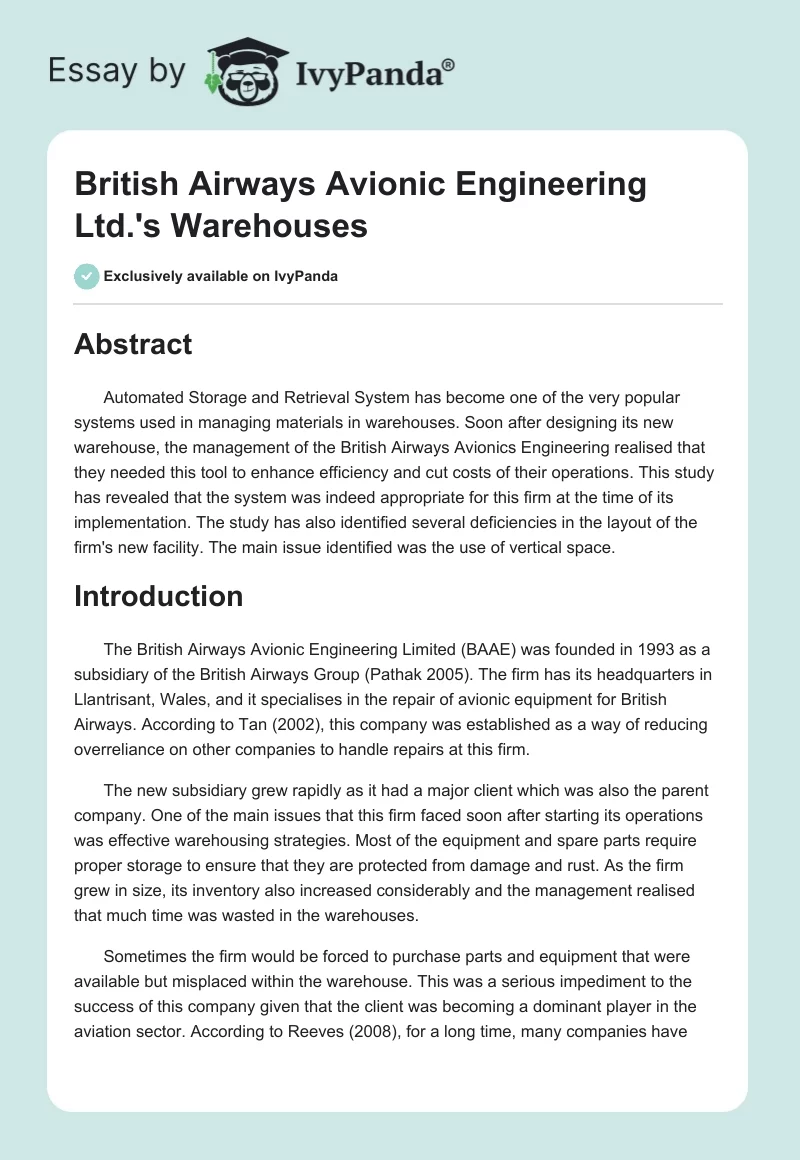 British Airways Avionic Engineering Ltd.'s Warehouses. Page 1