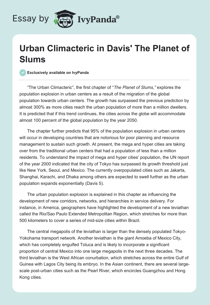 Urban Climacteric in Davis' "The Planet of Slums". Page 1