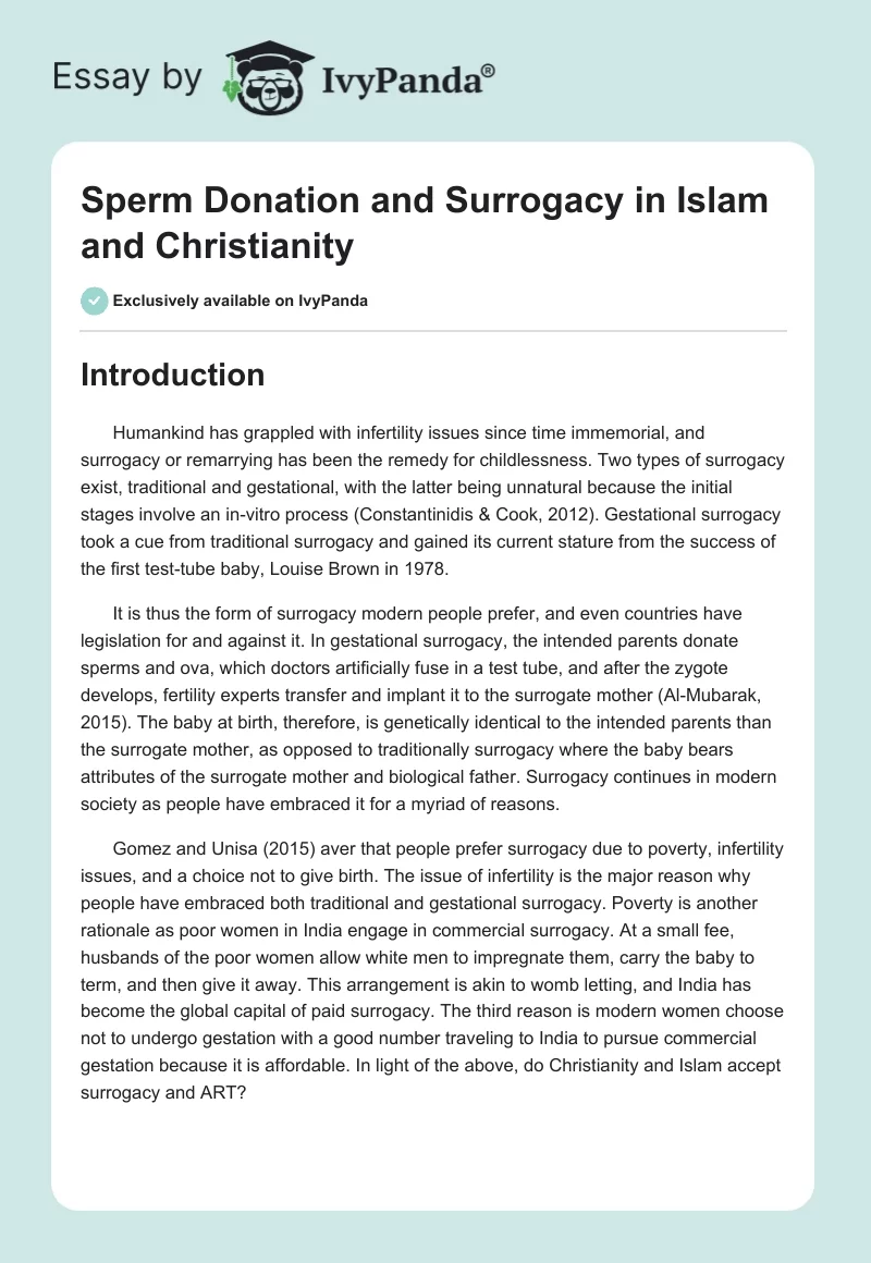 Sperm Donation and Surrogacy in Islam and Christianity. Page 1