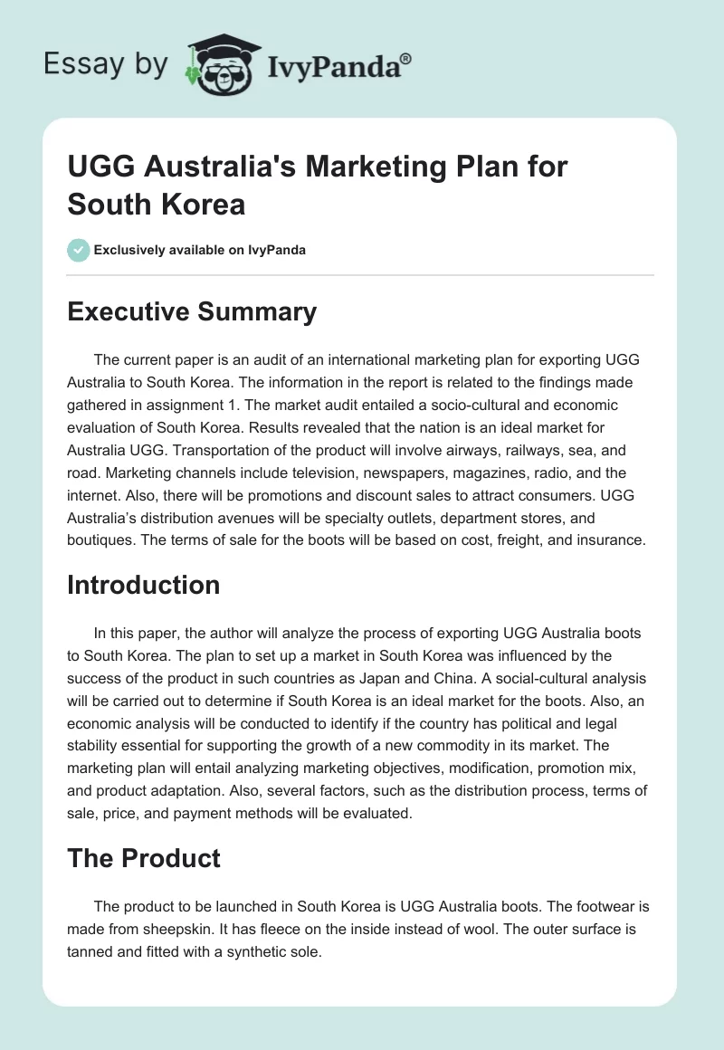 UGG Australia's Marketing Plan for South Korea. Page 1