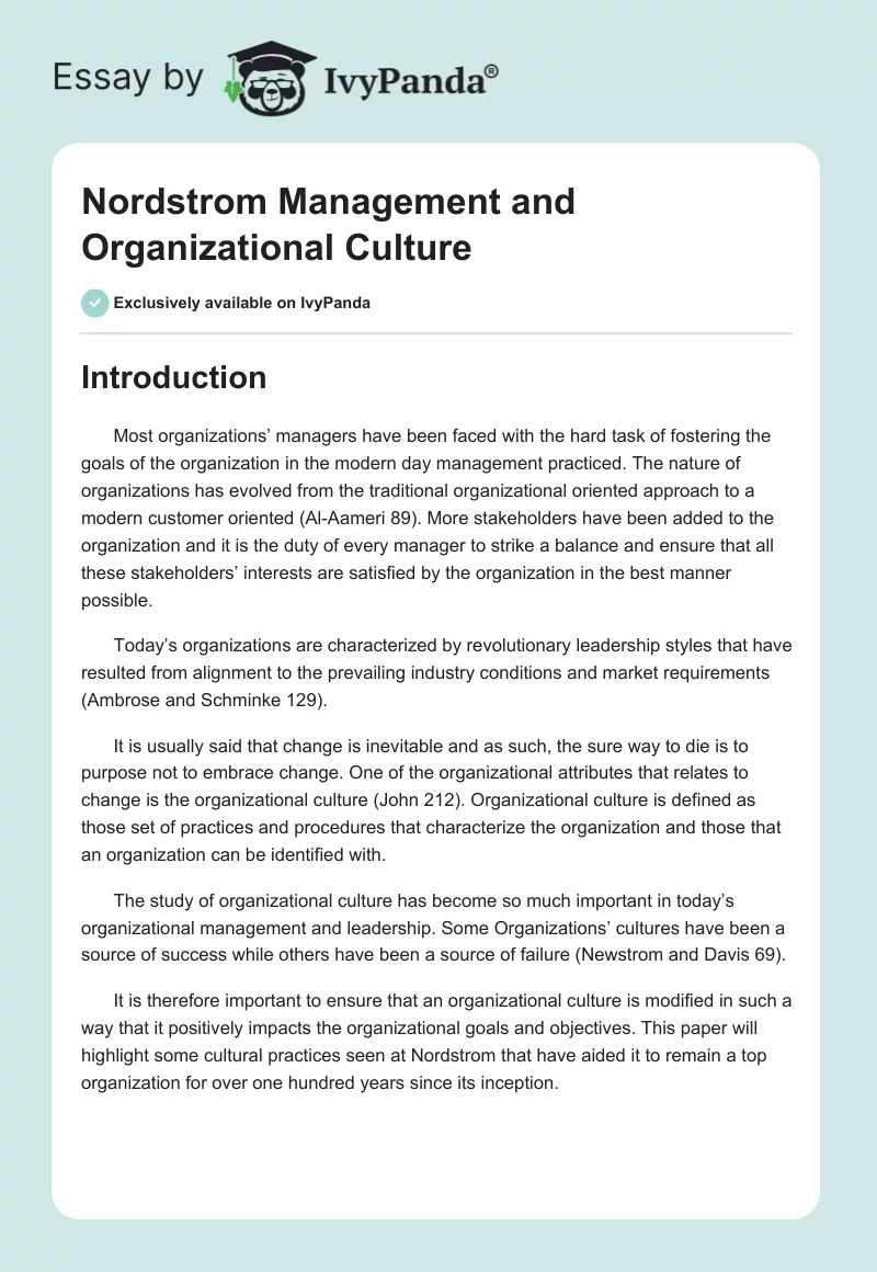 Nordstrom Management and Organizational Culture. Page 1