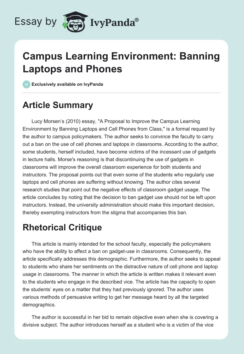 Campus Learning Environment: Banning Laptops and Phones. Page 1