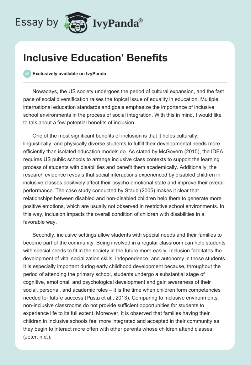 Inclusive Education' Benefits. Page 1