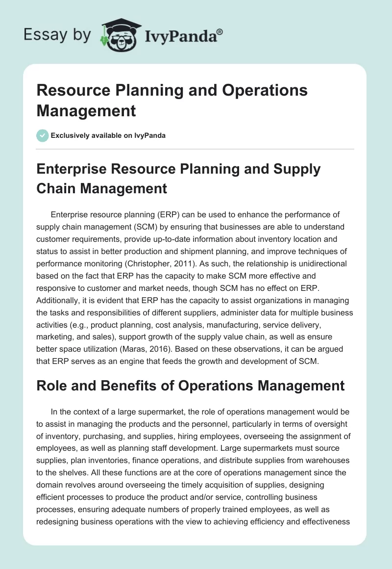 Resource Planning and Operations Management. Page 1