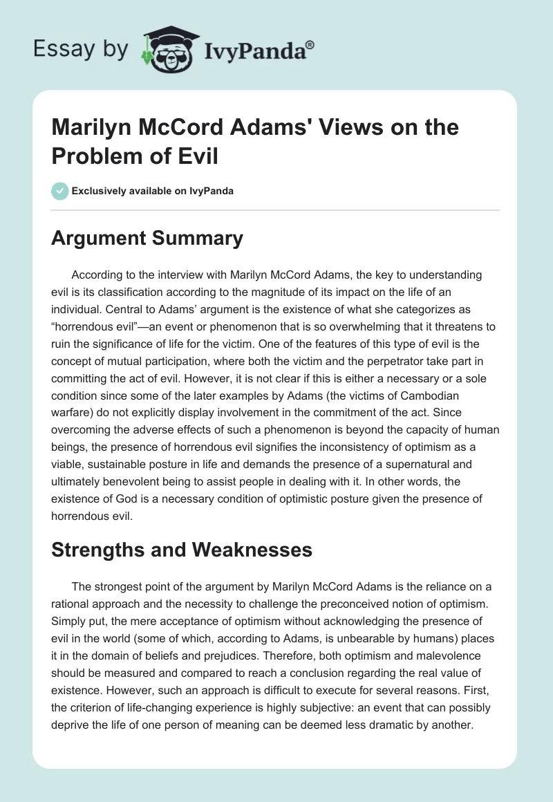 Marilyn McCord Adams' Views on the Problem of Evil. Page 1