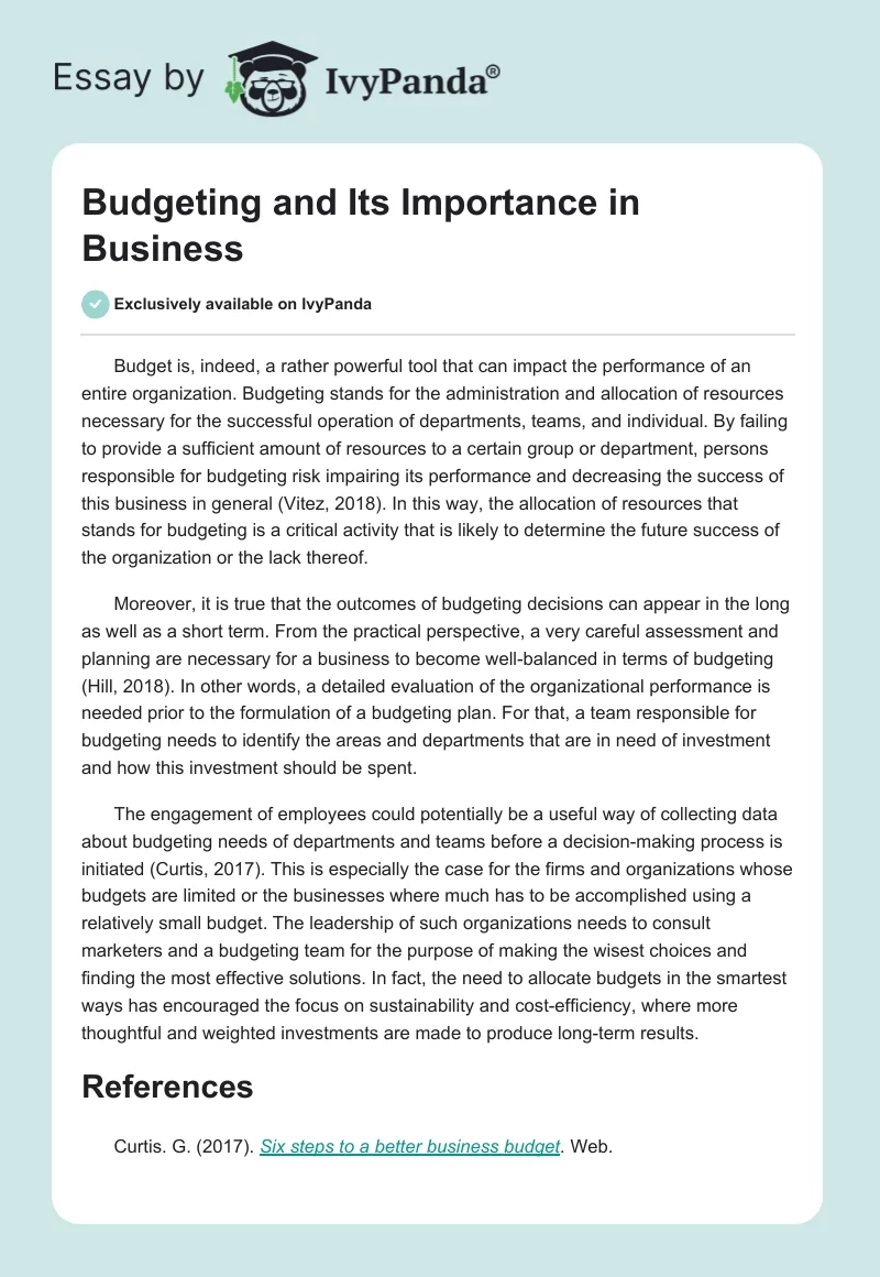 Budgeting and Its Importance in Business. Page 1