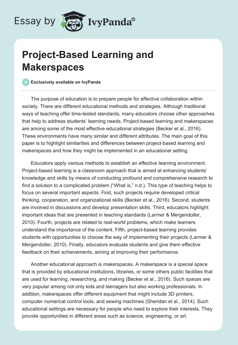 Project-Based Learning and Makerspaces. Page 1