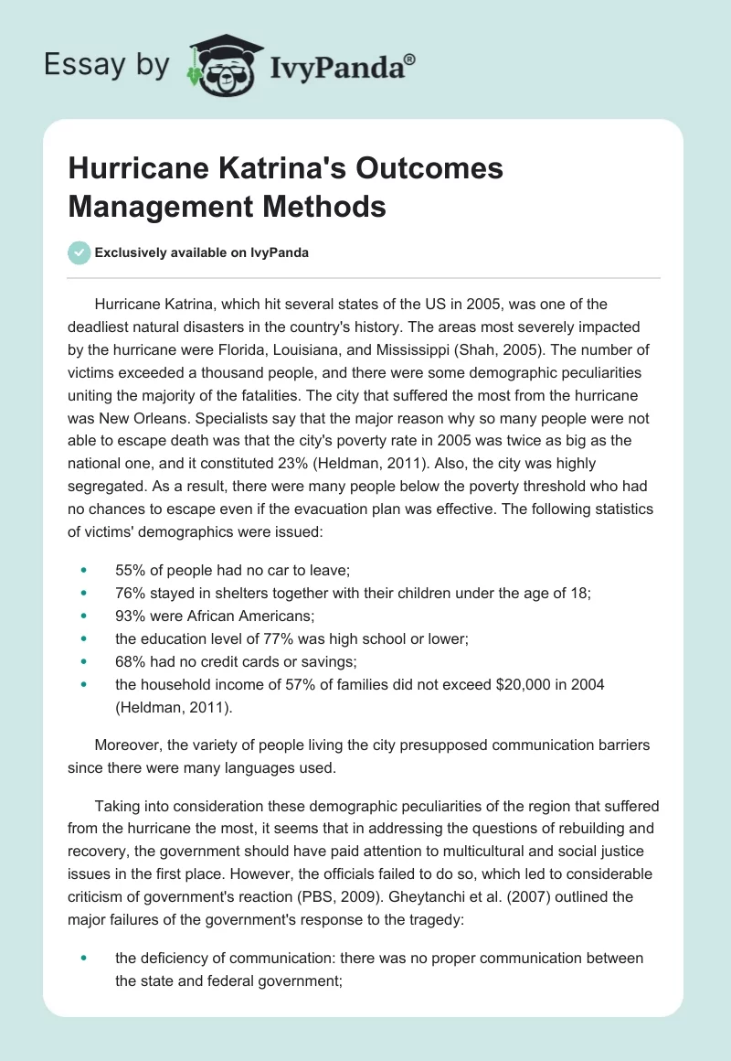 Hurricane Katrina's Outcomes Management Methods. Page 1