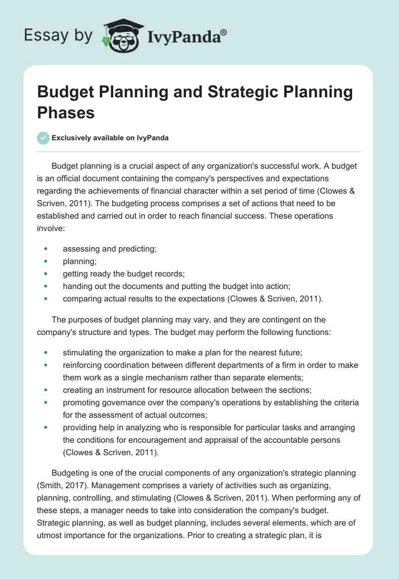 Budget Planning and Strategic Planning Phases. Page 1